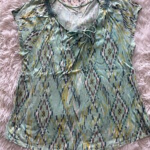 Sonoma Life + Style boho ikat smocked tie neck Blouse  mint XL